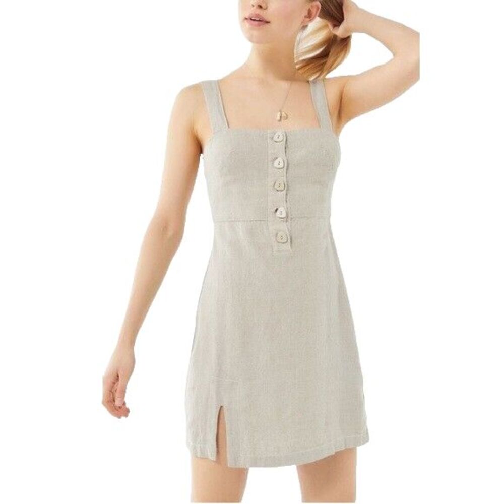 Urban Outfitters Avalon Linen Blend Mini Beige 90s Button-Front Dress Size Med